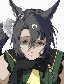 Rule 34 | 1girl, animal ears, ascot, black gloves, black hair, commentary request, ear ornament, elbow gloves, gloves, green eyes, green sweater, hair between eyes, head on hand, head rest, highres, horse ears, horse girl, long hair, looking at viewer, multicolored hair, portrait, ringring (artist), satono crown (emerald journey) (umamusume), satono crown (umamusume), side ponytail, signature, simple background, sleeveless, sleeveless sweater, smile, solo, streaked hair, sweater, two-tone hair, umamusume, white background, white hair, yellow ascot
