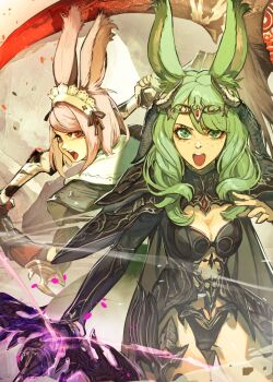 2girls animal_ears cleavage_cutout clothing_cutout commission fighting_stance final_fantasy final_fantasy_xiv green_eyes green_hair hide_(hideout) highres holding holding_scythe holding_sword holding_weapon long_hair maid_headdress multiple_girls open_mouth pink_hair rabbit_ears rabbit_girl rapier red_eyes revealing_clothes scythe short_hair sword very_long_hair viera warrior_of_light_(ff14) weapon