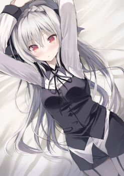 1girl absurdres arms_up bed_sheet black_bow black_ribbon black_skirt black_vest blush bow braid breasts commentary cowboy_shot crown_braid detached_collar dutch_angle eyelashes eyes_visible_through_hair from_above garter_straps grey_hair hair_between_eyes hair_bow hair_spread_out highres long_hair long_sleeves looking_at_viewer lying medium_breasts miniskirt neck_ribbon on_back parted_lips pencil_skirt red_eyes ribbon sakurakouji_luna shirt sidelocks skirt solo takepoison tsuki_ni_yorisou_otome_no_sahou very_long_hair vest white_shirt