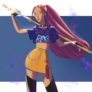 1girl black_boots black_gloves blue_background boots brown_eyes choker closed_mouth colored_eyebrows commentary crop_top earrings english_commentary fingerless_gloves gloves highres holding holding_polearm holding_weapon jennifersanflip jewelry kpop_demon_hunters long_hair mira_(kpop_demon_hunters) pink_hair pink_lips polearm sidelocks skirt solo thigh_boots weapon yellow_skirt