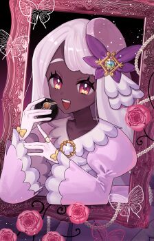 1girl :d bow collarbone commentary_request dark-skinned_female dark_skin dress eyelashes flower gloves hair_ornament hands_up happy highres holding holding_poke_ball jacinthe_(pokemon) long_sleeves luxury_ball lvetica nintendo open_mouth pink_flower poke_ball pokemon pokemon_legends:_z-a puffy_sleeves purple_eyes smile solo teeth upper_teeth_only white_gloves yellow_bow