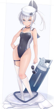 Rule 34 | 1girl, black one-piece swimsuit, commentary, covered navel, dace (kancolle), dixie cup hat, full body, garter straps, grey eyes, grey hair, hand on own hip, hat, headgear, highleg, highleg one-piece swimsuit, highres, holding, holding removed eyewear, kantai collection, looking at viewer, mesera, military hat, one-piece swimsuit, shirt, side ponytail, single garter strap, single sock, single thighhigh, smile, socks, solo, sunglasses, swimsuit, thighhighs, two-tone one-piece swimsuit, unworn eyewear, unworn shirt, white hat, white shirt, white socks, white thighhighs