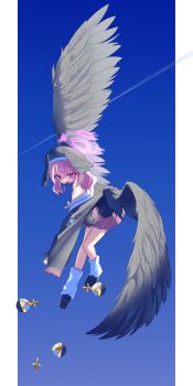 1girl absurdres alternate_wings black_hat black_shirt black_shoes black_wings blue_archive blue_sky commentary_request dropping feathered_wings flying full_body halo hat head_wings highres holy_hand_grenade koharu_(blue_archive) leg_warmers long_hair long_sleeves low_wings neckerchief open_mouth outdoors outside_border pillarboxed pink_hair pink_neckerchief pink_skirt purple_eyes purple_halo sailor_collar sat3llite shirt shoes single_sleeve_past_fingers single_sleeve_past_wrist skirt sky small_sweatdrop solo twintails white_leg_warmers white_sailor_collar winged_halo wings