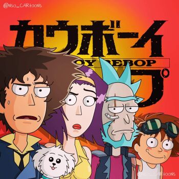 adult_swim beth_smith cartoon_network cosplay cowboy_bebop dog edward_wong_hau_pepelu_tivrusky_iv edward_wong_hau_pepelu_tivrusky_iv_(cosplay) facial_hair faye_valentine faye_valentine_(cosplay) highres jerry_smith jet_black jet_black_(cosplay) looking_at_viewer mortimer_smith morty_smith orange_hair purple_hair rick_and_morty rick_sanchez smile snuffles spike_spiegel spike_spiegel_(cosplay) tagme