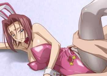 1boy 1girl ass blue_eyes breasts closed_mouth code_geass covered_erect_nipples hetero kouzuki_kallen kyabakurabakufu large_breasts rabbit red_hair sex short_hair source_request
