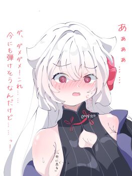 1girl absurdres armpits blue_archive blush breasts china_dress chinese_clothes commentary dress english_commentary fuyuka_(stella_sora) highres huge_breasts kokona_(blue_archive) large_breasts loli long_hair non-web_source open_clothes open_mouth oppai_loli stella_sora sweat white_hair