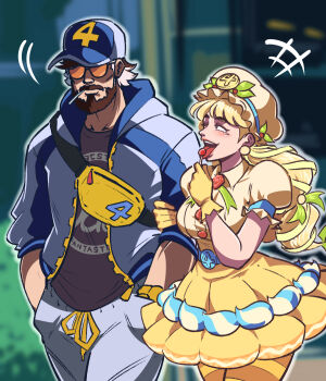 1boy 1girl bag beard blonde_hair blush breasts candy dress facial_hair fantastic_four food gloves hat highres husband_and_wife lollipop long_hair marvel marvel_rivals reed_richards smile sue_storm sunglasses tina_fate