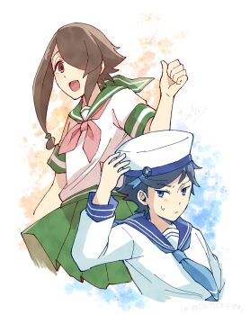 Rule 34 | 1boy, 1girl, 372 art, :d, black hair, blue eyes, blue hair, blue neckerchief, blue sailor collar, blush, brown eyes, brown hair, closed mouth, commentary request, cropped torso, durarara!!, green sailor collar, green skirt, hair over one eye, hand on headwear, hand up, hat, highres, kagari (kuramerukagari), kuramerukagari, long hair, long sleeves, looking at viewer, neckerchief, official art, open mouth, pleated skirt, sailor, sailor collar, sailor hat, sailor shirt, school uniform, serafuku, shirt, short hair, short hair with long locks, short sleeves, sidelocks, signature, skirt, sleeve cuffs, smile, sweatdrop, white shirt, yuuya (kuramerukagari)