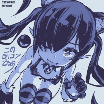 1girl ;d all_fours animal_ears animal_hands backbeako_(torotei) backbeard bell blue_background blue_theme blush bra breasts cat_ears claws commentary dated dated_commentary dutch_angle gegege_no_kitarou gloves hair_over_one_eye kono_lolicon_domome long_hair looking_at_viewer monochrome neck_bell neck_ribbon one_eye_closed open_mouth original paid_reward_available paw_gloves petite pointy_ears ribbon simple_background skindentation small_breasts smile solo striped_clothes striped_thighhighs thighhighs torotei translated twintails underwear underwear_only watermark web_address
