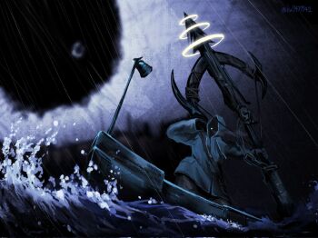 1boy artist_name black_gloves boat commentary dark face_in_shadow gloves ha7437742 harpoon harpoon_gun highres holding_harpoon hood hood_up limbus_company mang_(project_moon) monster ocean project_moon rain raincoat size_difference the_indigo_elder the_pallid_whale untranslatable_commentary watercraft waves