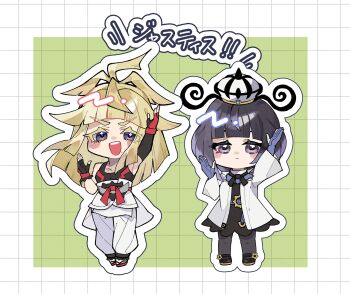 1boy 1girl :d arm_up belt belt_buckle black_dress black_eyes black_gloves black_hair black_pantyhose black_shoes blonde_hair bob_cut brother_and_sister buckle chibi chibi_only chili_pepper closed_mouth coat dress fingerless_gloves full_body gloves grid_background gwynn_(pokemon) hat highres ivor_(pokemon) long_hair long_sleeves looking_at_viewer nikomi0724 nintendo o-ring o-ring_belt open_clothes open_coat open_mouth pants pantyhose partially_fingerless_gloves pokemon pokemon_legends:_z-a purple_gloves sandals shoes short_hair siblings smile teeth upper_teeth_only white_coat white_pants