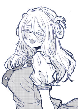 1girl :d ^_^ absurdres blush braid breasts closed_eyes commentary crown_braid greyscale hair_rings highres large_breasts long_hair love_live! love_live!_sunshine!! monochrome ohara_mari one_side_up open_mouth puffy_short_sleeves puffy_sleeves rinren_(chun8chun8chun) school_uniform serafuku short_sleeves single_hair_ring smile solo summer_uniform teeth tie_clip upper_body upper_teeth_only uranohoshi_school_uniform vest