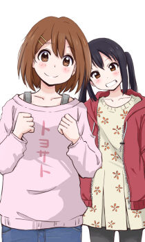 Rule 34 | 2girls, black pantyhose, blush, brown eyes, brown hair, closed mouth, clothes lift, collarbone, dot nose, feet out of frame, female focus, hair between eyes, hair ornament, hairclip, hirasawa yui, hood, hoodie, hoodie lift, japanese text, k-on!, long sleeves, looking at viewer, maruyo , multiple girls, nakano azusa, open clothes, open hoodie, open mouth, pantyhose, short hair, simple background, smile, standing, teeth, translation request, twintails, white background