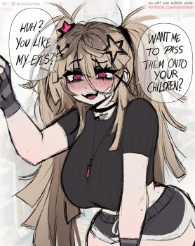 1girl absurdres bags_under_eyes bandaid bandaid_on_cheek bandaid_on_face bandaid_on_head black_choker black_gloves black_shirt black_shorts black_thighhighs blonde_hair blush breasts brown_hair choker crop_top cropped_shirt cross cross_necklace dokidomiki dolphin_shorts english_text eyeshadow fingerless_gloves freckles gloves goth_fashion grey_gloves hair_between_eyes hair_ornament highres jewelry large_breasts leaning_forward long_hair makeup messy_hair midriff miki_(dokidomiki) mole mole_on_arm mole_on_stomach necklace open_mouth original pendant pink_eyes red_eyes ringed_eyes shirt short_shorts short_sleeves shorts smile solo star_(symbol) teeth thick_thighs thighhighs thighs twintails upper_teeth_only very_long_hair x_hair_ornament yandere