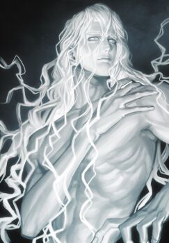 1boy absurdres bishounen closed_mouth commentary english_commentary greyscale groquis_j hair_between_eyes hand_on_own_chest highres long_hair looking_at_viewer male_focus messy_hair millions_knives monochrome muscular muscular_male simple_background solo topless_male trigun trigun_stampede wavy_hair white_eyes white_hair