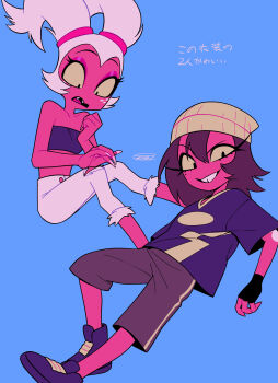 1boy 1girl :d absurdres bare_arms bare_shoulders black_eyes black_shirt black_shoes black_tube_top brown_hair brown_pants buttons collarbone colored_sclera colored_skin commentary_request crossdressing crossdressing_(ftm) crossdressing_(mtf) demon_boy demon_girl double-parted_bangs eyeshadow fangs fewer_digits freckles full_body fur-trimmed_pants fur_trim grin hair_between_eyes hellaverse helluva_boss highres husband_and_wife invisible_chair knees_apart_feet_together knees_together_feet_apart looking_at_viewer looking_down lower_eyelashes_only makeup medium_hair menma_(enaic31) midriff millie_(helluva_boss) moxxie_(helluva_boss) official_alternate_costume official_alternate_hairstyle open_mouth oversized_clothes oversized_shirt pants pink_eyeshadow raised_eyebrow raised_eyebrows red_skin shirt shoes short_sleeves signature simple_background sitting smile standing strapless tongue translation_request tube_top twintails white_hair white_pants yellow_sclera