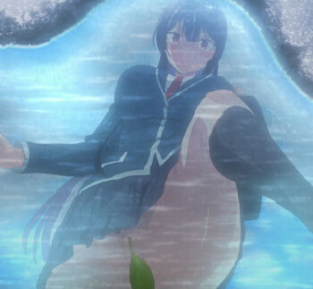 1girl black_skirt black_socks blazer blush breasts cameltoe closed_mouth colored_inner_hair female_focus from_below haite_kudasai_takamine-san highres jacket kneehighs large_breasts leaf leaf_censor long_hair long_sleeves looking_at_viewer multicolored_hair necktie no_panties outdoors pleated_skirt puddle purple_hair pussy pussy_peek red_eyes red_necktie reflection school_uniform skirt socks solo stitched takamine_takane thighs third-party_edit two-tone_hair very_long_hair