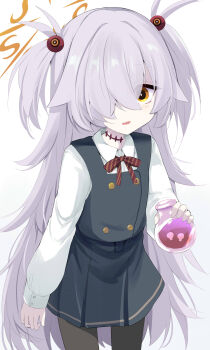 1girl absurdres black_pantyhose blue_archive blush breasts brown_eyes choker collared_shirt dress flask grey_dress hair_ornament halo highres kanoe_(blue_archive) long_hair long_sleeves looking_at_viewer neck_ribbon open_mouth pantyhose ribbon round-bottom_flask sen_(astronomy) shirt small_breasts solo thighs two_side_up white_hair white_shirt