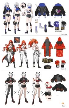 3girls abs absurdres augusta_(wuthering_waves) back bandaged_arm bandages bandaid bandaid_on_face bare_shoulders belt black_boots black_horns black_jacket black_pantyhose black_shorts black_sports_bra boots boxing_gloves breasts cleavage clenched_hand cloak collarbone commentary curled_horns english_commentary galbrena_(wuthering_waves) game_screenshot_inset grey_hair guest_art hair_between_eyes hand_up highres hood hood_down hood_up hooded_cloak hooded_jacket horns jacket knee_guards long_hair looking_at_viewer maenoo medium_breasts medium_hair multiple_girls navel orange_hair pants pantyhose ponytail purple_eyes red_cloak red_sports_bra reference_inset reference_sheet scar screenshot_inset shorts sports_bra standing stomach tacet_mark_(wuthering_waves) toned toned_female white_pants white_sports_bra wuthering_waves zani_(wuthering_waves)