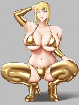 Rule 34 | 1girl, arm behind head, arm up, bare shoulders, bikini, blonde hair, blue eyes, blunt bangs, boots, breasts, cleavage, collarbone, curvy, elbow gloves, gloves, gold bikini, gold boots, grey background, high heel boots, high heels, highres, hihizaru badass, large breasts, latex, latex boots, looking at viewer, naruto (series), naruto shippuuden, navel, open mouth, original, samui (naruto), shiny skin, simple background, solo, squatting, swimsuit, thigh boots, thong, thong bikini, wide hips