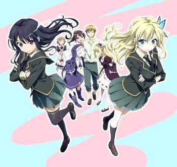 1boy 6+girls apron black_dress black_hair black_necktie black_socks black_thighhighs blazer blonde_hair blue_background blue_dress blue_eyes blue_headwear boku_wa_tomodachi_ga_sukunai brown_eyes brown_hair butterfly_hair_ornament clenched_teeth closed_eyes closed_mouth commentary crossed_arms dress frilled_apron frilled_dress frills glasses green_jacket green_pants green_skirt hair_ornament hairband hasegawa_kobato hasegawa_kodaka jacket kashiwazaki_sena kneehighs kusunoki_yukimura lab_coat loafers lolita_fashion lolita_hairband long_hair long_sleeves looking_at_another looking_to_the_side maid_apron maid_headdress mikazuki_yozora multiple_girls necktie nun official_art open_mouth outline pants pantyhose pink_background pleated_skirt ponytail purple_eyes school_uniform shiguma_rika shoes short_hair simple_background skirt socks st._chronica_academy_school_uniform takayama_maria teeth thighhighs two-tone_background watanabe_yoshihiro white_outline white_pantyhose wide_sleeves