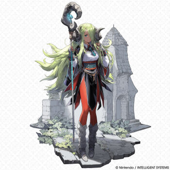 1girl absurdres artist_request blue_eyes bracelet commentary company_name english_commentary fire_emblem fire_emblem_shadows full_body green_hair hair_ornament hair_over_one_eye hairclip highres holding holding_staff horns jewelry leggings long_hair looking_at_viewer micaela_(fire_emblem) nintendo official_art parted_lips second-party_source sheep_horns smile solo staff standing very_long_hair