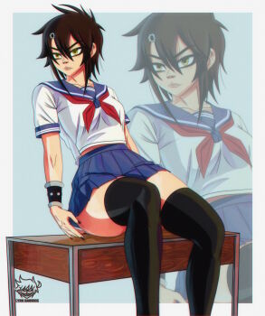 1girl absurdres aged_up black_hair black_socks blue_sailor_collar bracelet breasts bullet_hole closed_mouth collarbone cyborg_noodle_(gorillaz) cyru_barrios gorillaz green_eyes hair_between_eyes highres hole_in_head jewelry neckerchief noodle_(gorillaz) pantyhose pleated_skirt red_neckerchief sailor_collar school_uniform serafuku shirt short_hair skindentation skirt small_breasts socks solo spiked_bracelet spikes thick_thighs thighs upturned_nose white_shirt wide_hips