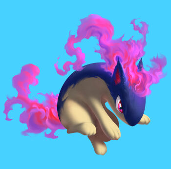 Rule 34 | blue background, commentary request, fire, full body, gen 2 pokemon, highres, nintendo, no humans, pokemon, pokemon (creature), pokemon focus, purple eyes, purple fire, quilava, simple background, solo, wer (no0701)