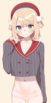 1girl arm_at_side bar_censor beret black_jacket blonde_hair blush bottomless buttons censored closed_mouth collarbone commentary_request cowboy_shot crop_top double-breasted frown fuji_yoshida green_eyes hair_ornament hair_rings hand_up hat highres indie_virtual_youtuber jacket long_sleeves navel pom_pom_(clothes) pom_pom_hair_ornament pussy red_hat shigure_ui_(vtuber) shirt short_hair simple_background sleeves_past_wrists solo virtual_youtuber white_shirt yellow_background