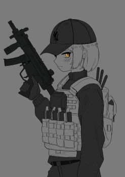 1girl absurdres ammunition_pouch backpack bag baseball_cap belt blush bulletproof_vest closed_mouth commentary cowboy_shot english_commentary from_side gloves grey_background gun h&amp;k_mp5k hat highres holding holding_gun holding_weapon limited_palette long_sleeves magazine_(weapon) monochrome new_york_yankees okapi_(yomaigoto) original pants partially_colored pouch short_hair simple_background solo submachine_gun sweater trigger_discipline turtleneck turtleneck_sweater vertical_foregrip weapon yellow_eyes
