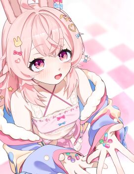 1girl ahoge animal_ears blue_jacket blush decora gurumie halterneck highres holding holding_pill jacket looking_at_viewer medium_hair open_mouth phase_connect pill pink_hair pink_shirt pipkin_pippa pipkin_pippa_(1st_costume) purple_eyes rabbit_ears rabbit_girl shirt solo virtual_youtuber