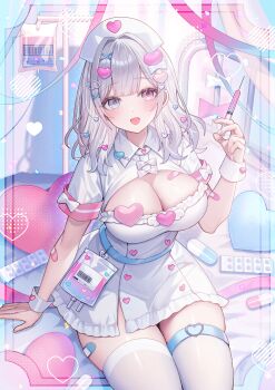 1girl armband bandaid bandaid_on_arm bed bed_sheet blister_pack blue_eyes blunt_bangs blush breasts cleavage cleavage_cutout clothing_cutout collared_dress commentary commission confetti dress hair_intakes hair_ornament hand_up hat heart heart-shaped_pillow heart_hair_ornament heart_o-ring heterochromia highres holding holding_syringe hospital_bed inset_border intravenous_drip large_breasts looking_at_viewer mocchiri290 nurse nurse_cap o-ring on_bed open_mouth original pill pillow pink_armband pink_eyes pink_liquid short_sleeves sidelocks skeb_commission smile solo syringe thighhighs thighs white_dress white_hair white_thighhighs white_wrist_cuffs wrist_cuffs x_hair_ornament