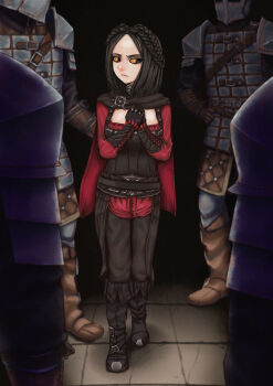 1girl 4boys armor black_boots black_hair black_pants black_sclera boots braid colored_sclera commentary_request dawnguard_(skyrim) helmet highres kogi looking_to_the_side multiple_boys pants red_shirt serana shirt short_hair the_elder_scrolls the_elder_scrolls_v:_skyrim yellow_eyes