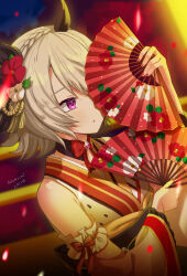 Rule 34 | 1girl, alternate costume, animal ears, arm up, bare shoulders, blurry, blurry background, bow, braid, commentary request, crown braid, curren chan (umamusume), depth of field, detached sleeves, ear covers, ear ornament, flower, folding fan, grey hair, hair flower, hair ornament, hair over one eye, hand fan, highres, holding, holding fan, horse ears, japanese clothes, kimono, kuzumochi (kuzumochiya), long sleeves, nail polish, parted lips, purple eyes, red bow, red flower, red nails, sleeveless, sleeveless kimono, solo, umamusume, white flower, wide sleeves, yellow kimono, yellow sleeves