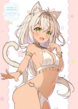 1girl :d animal_ears armlet bra bracelet breasts cat_ears cat_girl cat_tail dark-skinned_female dark_skin fang gold_armlet gold_bracelet green_eyes grey_hair highres if_you_want_to_become_a_godly_artist_(trend) jewelry loincloth long_hair looking_at_viewer medium_breasts mikeou navel open_mouth original pelvic_curtain simple_background skin_fang smile stomach tail underwear usekh_collar white_bra