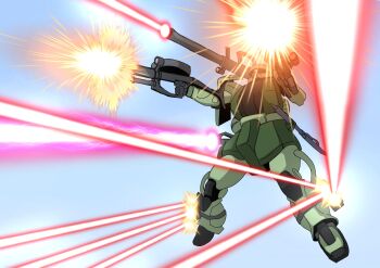 battle bazooka_(gundam) firing gun gundam gundam_seed highres holding holding_gun holding_weapon machine_gun mecha mecha_focus mobile_suit mobile_suit_gundam no_humans one-eyed red_eyes robot scene_reference science_fiction shield shoulder_spikes spikes ta12412 weapon zaku_ii zeon