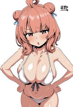 1girl absurdres ahoge bare_shoulders bikini blue_ribbon blush breasts cleavage collarbone commentary_request double_bun hair_bun hair_ribbon hands_on_own_hips highres huge_breasts iwano_kenta looking_at_viewer medium_hair navel open_mouth pink_eyes pink_hair ribbon signature simple_background solo stomach sweatdrop swimsuit thighs virtual_youtuber vspo! white_background white_bikini yumeno_akari