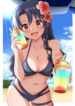1girl absurdres beach bikini black_bikini black_hair blush breasts cleavage collarbone commentary cup drink flower hair_flower hair_ornament highres holding holding_cup idolmaster idolmaster_million_live! incoming_food long_hair medium_breasts mimiu_p navel red_eyes smile solo stomach sweat swimsuit takayama_sayoko thigh_strap very_long_hair