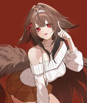 1girl absurdres animal_ears bare_shoulders bow breasts brown_hair droopy_ears fox_ears fox_girl hair_bow hair_ornament hairband headband highres long_hair looking_at_viewer miniskirt mumu_0221 off-shoulder_sweater off_shoulder open_mouth pointing red_eyes red_skirt skirt smile solo sweater tail white_hairband white_sweater ye_shunguang zenless_zone_zero