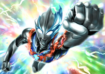 1boy absurdres alien arm_up armor asymmetrical_arms asymmetrical_horns blue_horns blue_skin clenched_hands color_timer colored_skin colorful_background commentary compound_eyes crackling_energy dorsal_fin emphasis_lines flying foreshortening giant giant_male glowing glowing_eyes gun_gun_cut henshin highres horns knee_up looking_at_viewer looking_up male_focus multicolored_skin muscular muscular_male outstretched_arm pectorals rainbow_background reaching reaching_towards_viewer red_skin shining_gold_montblanc shoulder_armor silver_armor silver_skin solo tokusatsu ultra_series ultraman_blazar ultraman_blazar_(series) white_eyes