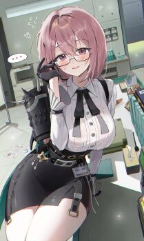 ... 1girl absurdres adjusting_eyewear armor black_gloves black_skirt blush breasts chama_(chacoc0) flying_sweatdrops gloves high-waist_skirt highres indoors large_breasts long_hair looking_at_viewer office_lady pencil_skirt pink_eyes pink_hair shirt shoulder_armor sitting skirt solo spoken_ellipsis sweatdrop tsukishiro_yanagi white_shirt zenless_zone_zero