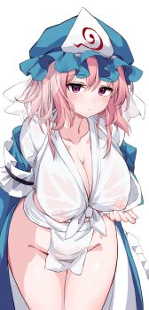 1girl absurdres blue_hat blush breasts cleavage closed_mouth covered_erect_nipples groin hat highres hira-san japanese_clothes large_breasts looking_at_viewer medium_hair nipples pelvic_curtain pink_hair purple_eyes saigyouji_yuyuko see-through_clothes simple_background solo standing thighs touhou triangular_headpiece white_background