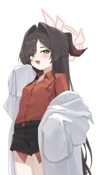 1girl absurdres arsyky14 black_hair black_horns black_shorts blue_archive blush breasts coat collared_shirt commentary cowboy_shot demon_horns english_commentary hair_intakes halo highres horns kasumi_(blue_archive) lab_coat long_hair looking_at_viewer open_mouth oversized_clothes red_halo red_shirt shirt shirt_tucked_in shorts simple_background sleeves_past_fingers sleeves_past_wrists small_breasts smile solo teeth upper_teeth_only white_background white_coat yellow_eyes