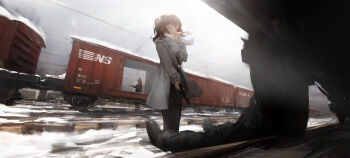 1other 2girls absurdres boxcar coat cold commentary execution faceless faceless_male false_smile freight_train grey_sky gun handgun highres holding holding_gun holding_weapon lliftt medium_hair multiple_girls original outdoors overhead_line peril railroad_tracks scarf sky smile snow solo_focus train weapon white_coat white_scarf winter winter_clothes winter_coat