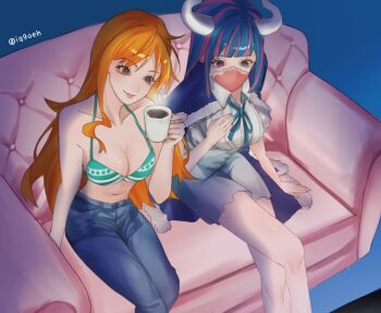 2girls bare_shoulders bikini bikini_top_only blue_background blue_cape blue_hair blue_pants blue_ribbon blue_skirt breasts brown_eyes cape cleavage collarbone collared_shirt commentary_request couch cup denim feet_out_of_frame green_bikini highres holding holding_cup horns iq9oeh jeans long_hair mask medium_breasts mouth_mask multiple_girls nami_(one_piece) navel neck_ribbon on_couch one_piece orange_hair pants ribbon shirt sitting skirt stomach swimsuit twitter_username ulti_(one_piece) white_shirt