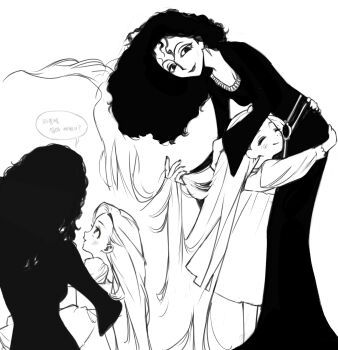 2girls ^_^ absurdly_long_hair absurdres adoptive_parent_and_adoptive_child age_difference belt blush breasts child cleavage closed_eyes closed_mouth curly_hair dress fingernails fluffy_hair greyscale hand_in_another's_hair highres hug jjojjo110110 korean_text leaning_forward lipstick long_dress long_hair long_sleeves looking_at_another makeup mature_female monochrome mother_and_daughter mother_gothel multiple_girls multiple_views nail_polish rapunzel_(disney) small_breasts smile speech_bubble talking tangled tareme translation_request very_long_hair