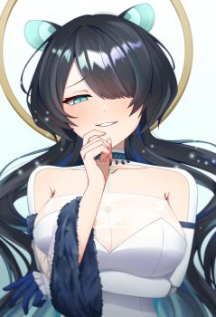 Rule 34 | 1girl, absurdres, arm under breasts, black hair, blue eyes, blue hair, breasts, collarbone, colored inner hair, erina makina, hair over one eye, halo, highres, long hair, mechanical arms, multicolored hair, nanamo 127, phase connect, second-party source, see-through cleavage, see-through clothes, single mechanical arm, solo, upper body, virtual youtuber