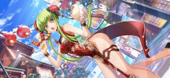 1girl architecture artist_request bare_shoulders between_fingers black_shoes blue_sky breasts bun_cover c.c. china_dress chinese_clothes chinese_text cloud code_geass code_geass:_lost_stories covered_navel cowboy_shot day double_bun dress east_asian_architecture eating female_focus floral_print floral_print_dress food food_bite food_on_face game_cg gold_trim green_hair hair_bun hands_up highres holding holding_food lamppost lantern leg_up legs lens_flare light_rays long_hair long_legs looking_at_viewer meat medium_breasts non-web_source official_art open_mouth outdoors pagoda paper_lantern pelvic_curtain print_dress red_dress road shiny_skin shoes side_slit sidelocks sign skewer sky sleeveless sleeveless_dress solo standing standing_on_one_leg steamed_bun street sunlight tassel teeth thigh_strap thighs translation_request very_long_hair wrist_cuffs yellow_eyes