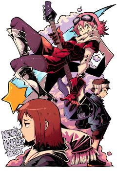 Rule 34 | 1boy, absurdres, bass guitar, black hair, boots, breasts, brown eyes, brown hair, cigarette, bass guitar, flcl, gloves, goggles, goggles on head, green eyes, haruhara haruko, hat, highres, holding, holding bass guitar, holding instrument, hood, hoodie, instrument, lips, looking at viewer, multiple girls, nandaba naota, pink hair, red hair, rickenbacker 4001, sailor collar, samejima mamimi, scarf, school uniform, serafuku, short hair, shorts, simple background, smile, smoking, vakodraws, yellow eyes