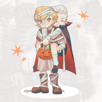 2boys aged_down almifiiiii bandaged_head bandages black_cape black_shorts blonde_hair boots bow bowtie candy cape carrying child closed_eyes closed_mouth dr._stone food full_body hair_slicked_back halloween halloween_bucket halloween_costume highres lollipop long_sleeves male_focus multiple_boys mummy mummy_costume piggyback red_bow red_bowtie shirt short_hair shorts simple_background socks stanley_snyder_(dr.stone) white_background white_hair white_shirt xeno_(dr.stone) yellow_eyes